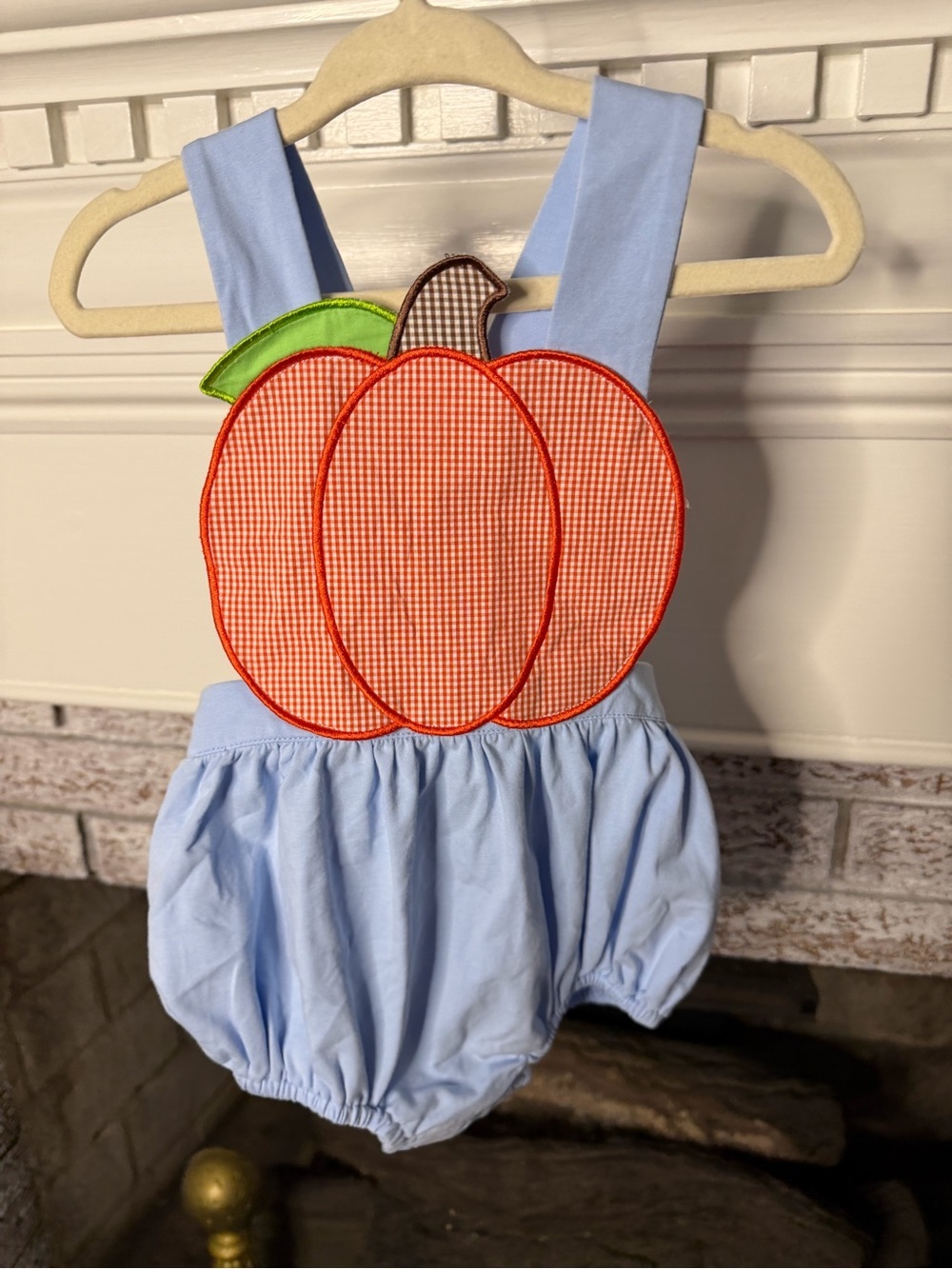 Blue Kids One-Piece with Orange Pumpkin Applique